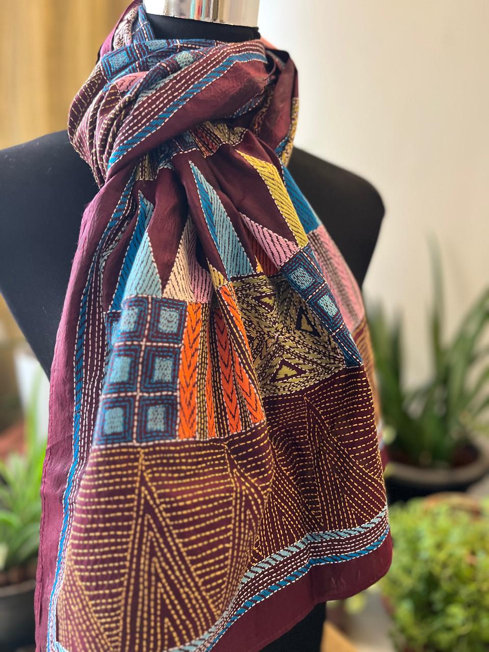 Pure Silk Kantha Hand Embroidered Stole - Geometric Maroon