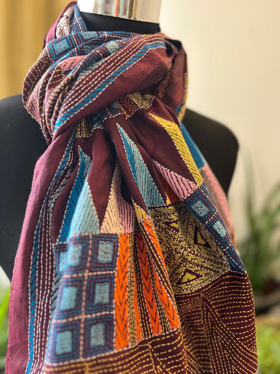Pure Silk Kantha Hand Embroidered Stole - Geometric Maroon