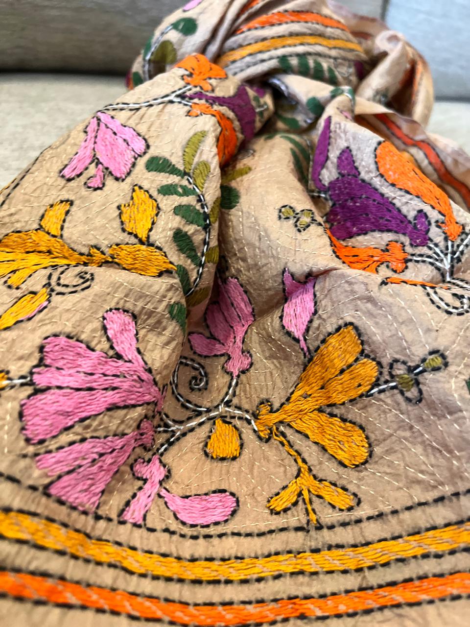 Pure Silk Kantha Hand Embroidered Stole - Beige with Multicolour