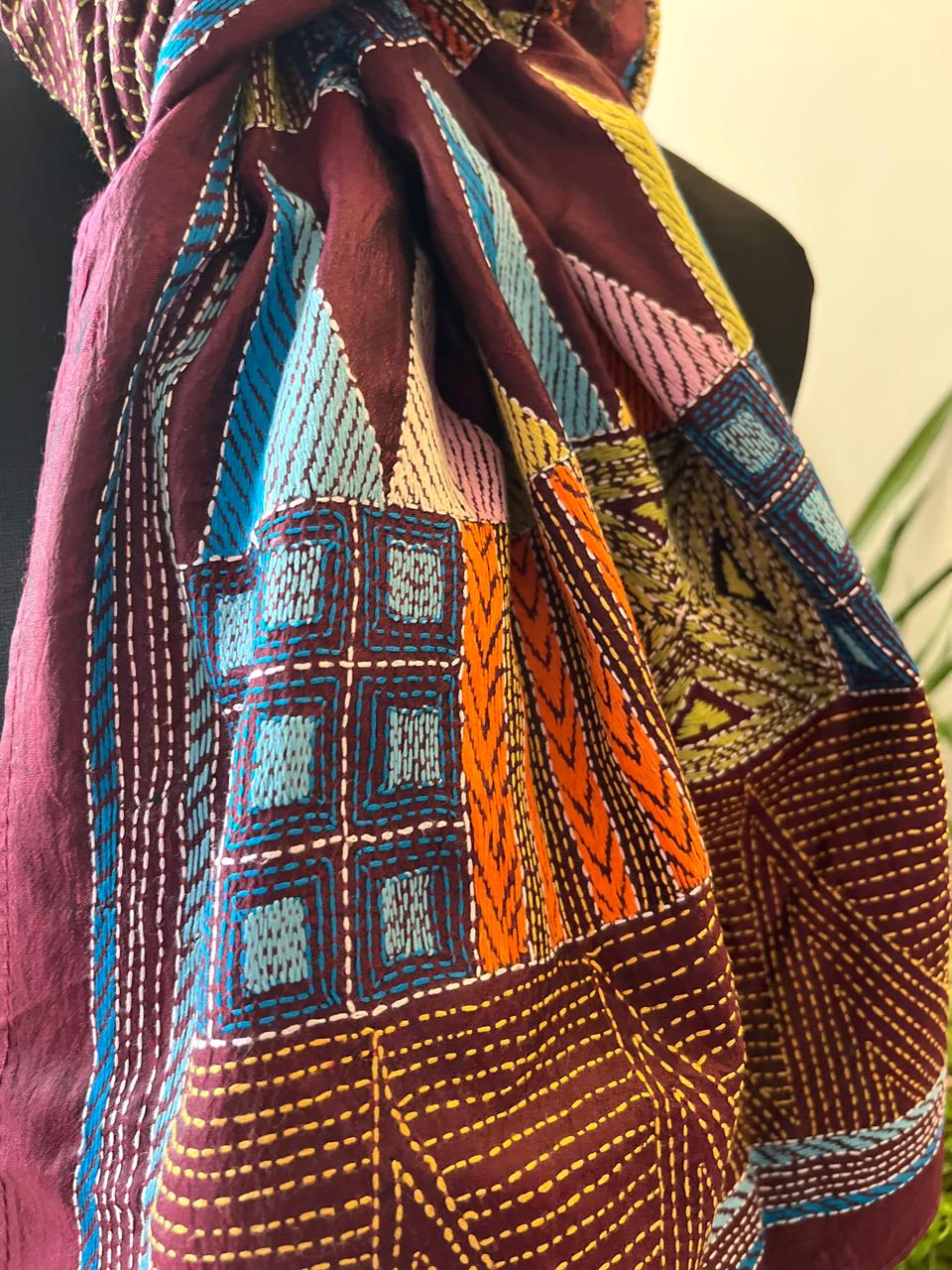 Pure Silk Kantha Hand Embroidered Stole - Geometric Maroon