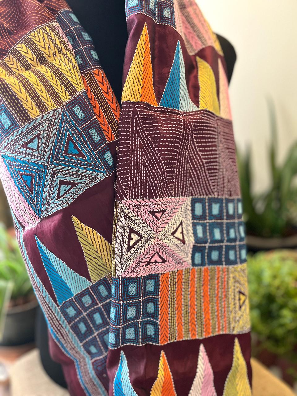 Pure Silk Kantha Hand Embroidered Stole - Geometric Maroon