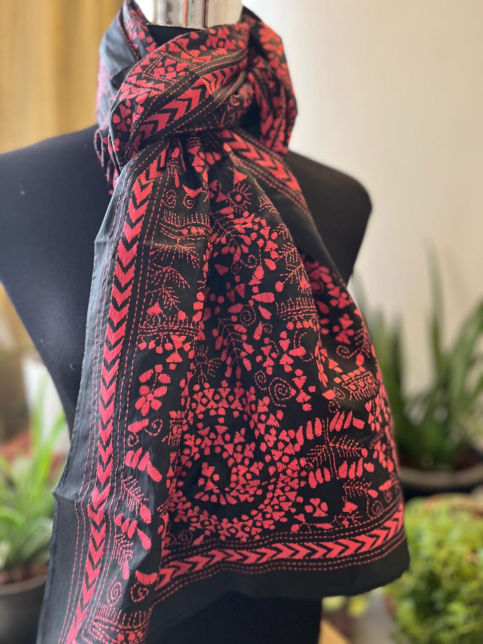 Pure Silk Kantha Hand Embroidered Stole Tribal - Black and Peach