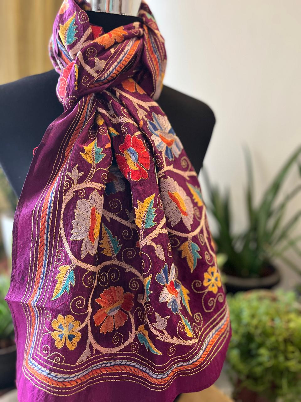Pure Silk Kantha Hand Embroidered Stole - Deep Plum
