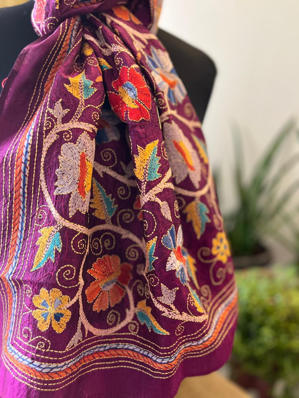 Pure Silk Kantha Hand Embroidered Stole - Deep Plum