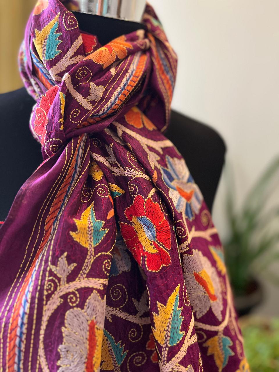 Pure Silk Kantha Hand Embroidered Stole - Deep Plum