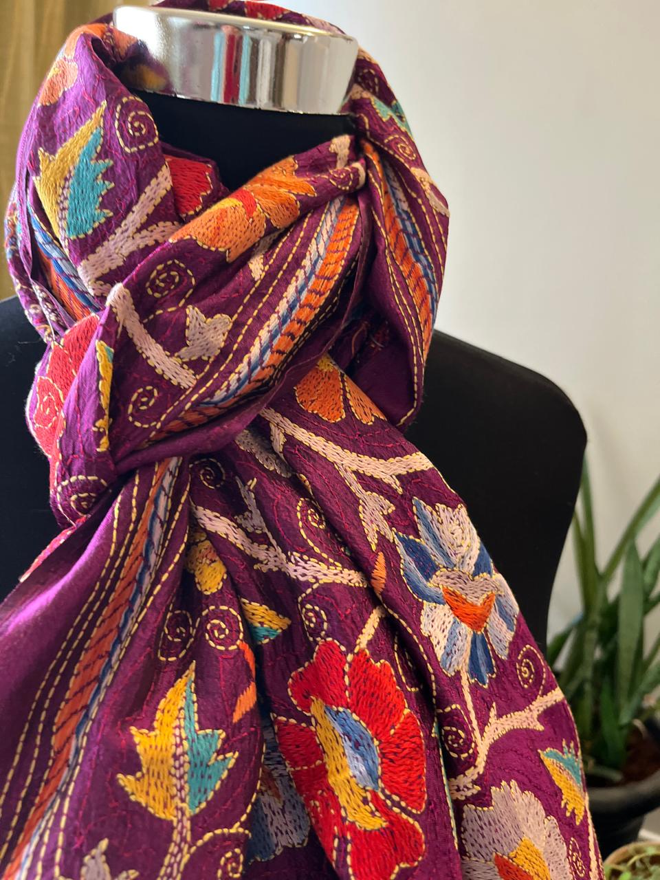 Pure Silk Kantha Hand Embroidered Stole - Deep Plum