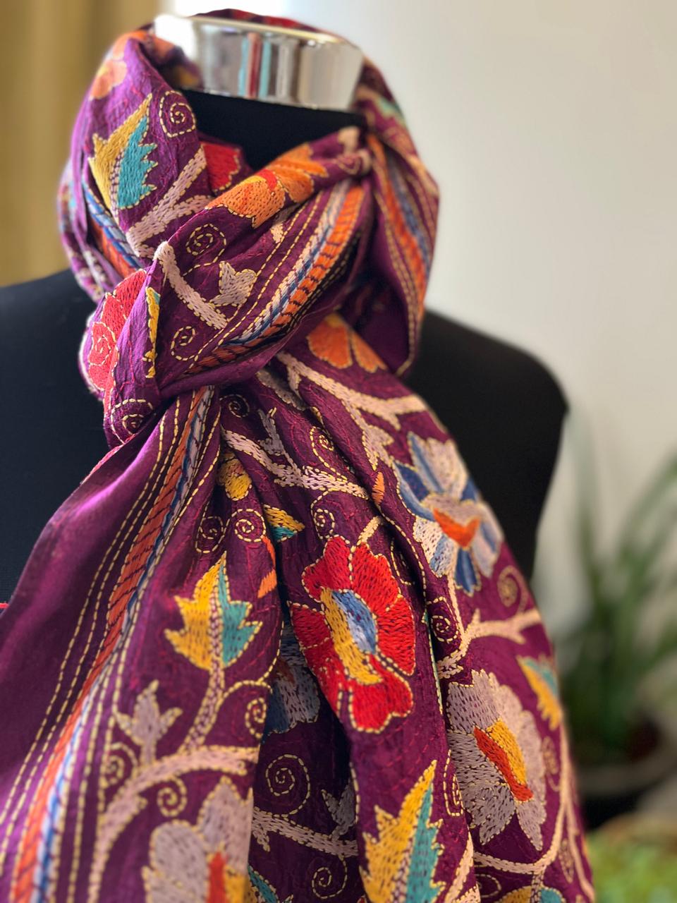 Pure Silk Kantha Hand Embroidered Stole - Deep Plum