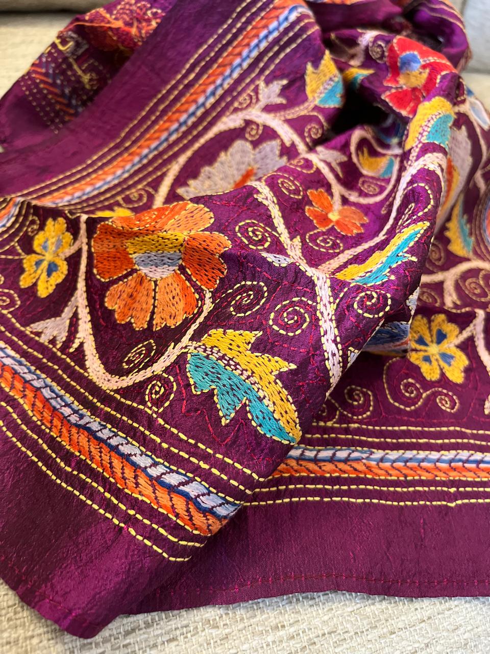 Pure Silk Kantha Hand Embroidered Stole - Deep Plum