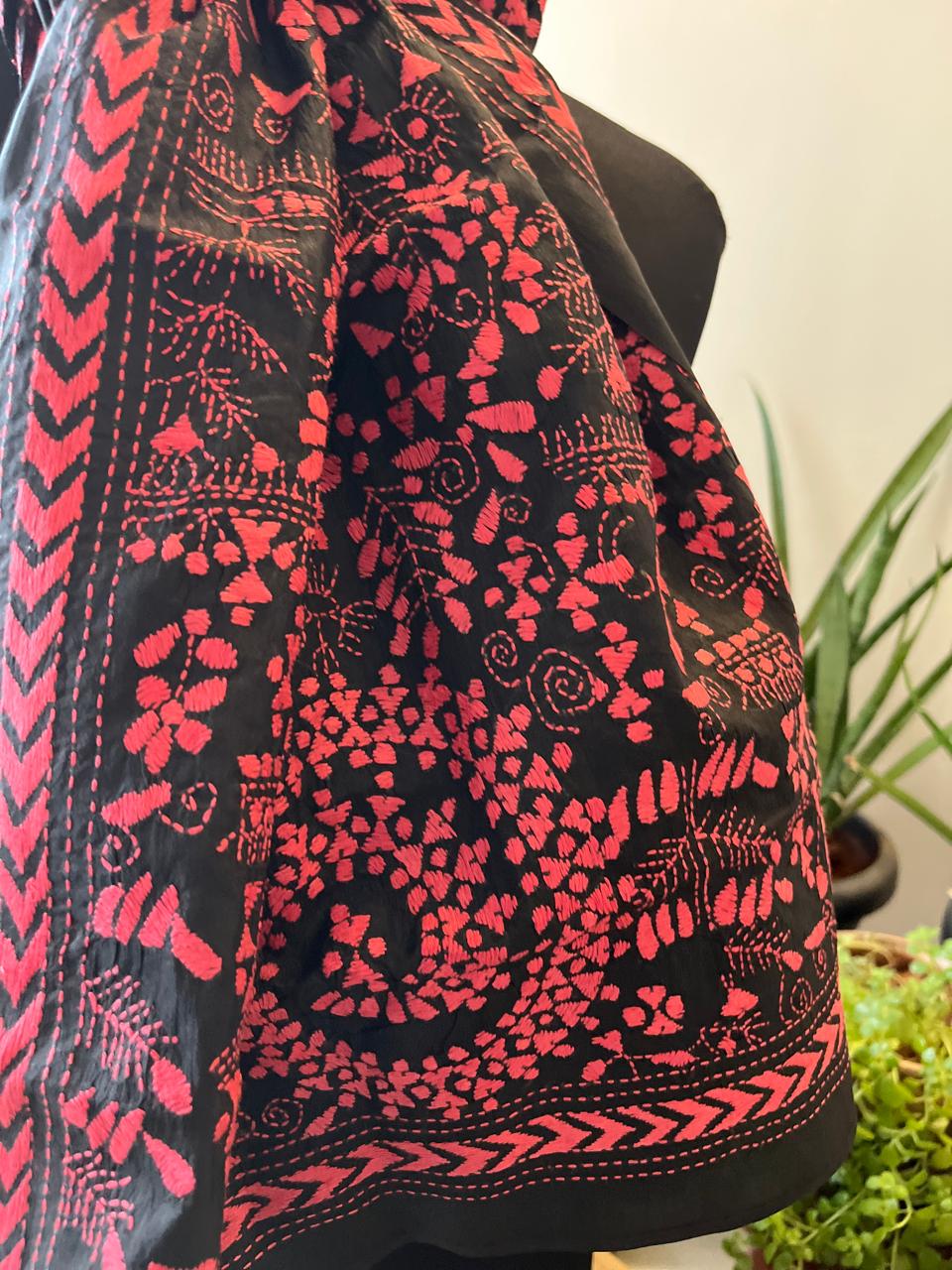 Pure Silk Kantha Hand Embroidered Stole Tribal - Black and Peach