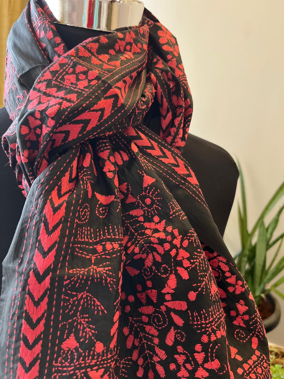 Pure Silk Kantha Hand Embroidered Stole Tribal - Black and Peach