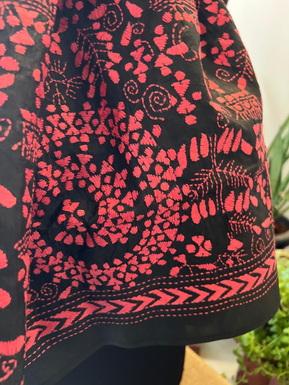 Pure Silk Kantha Hand Embroidered Stole Tribal - Black and Peach