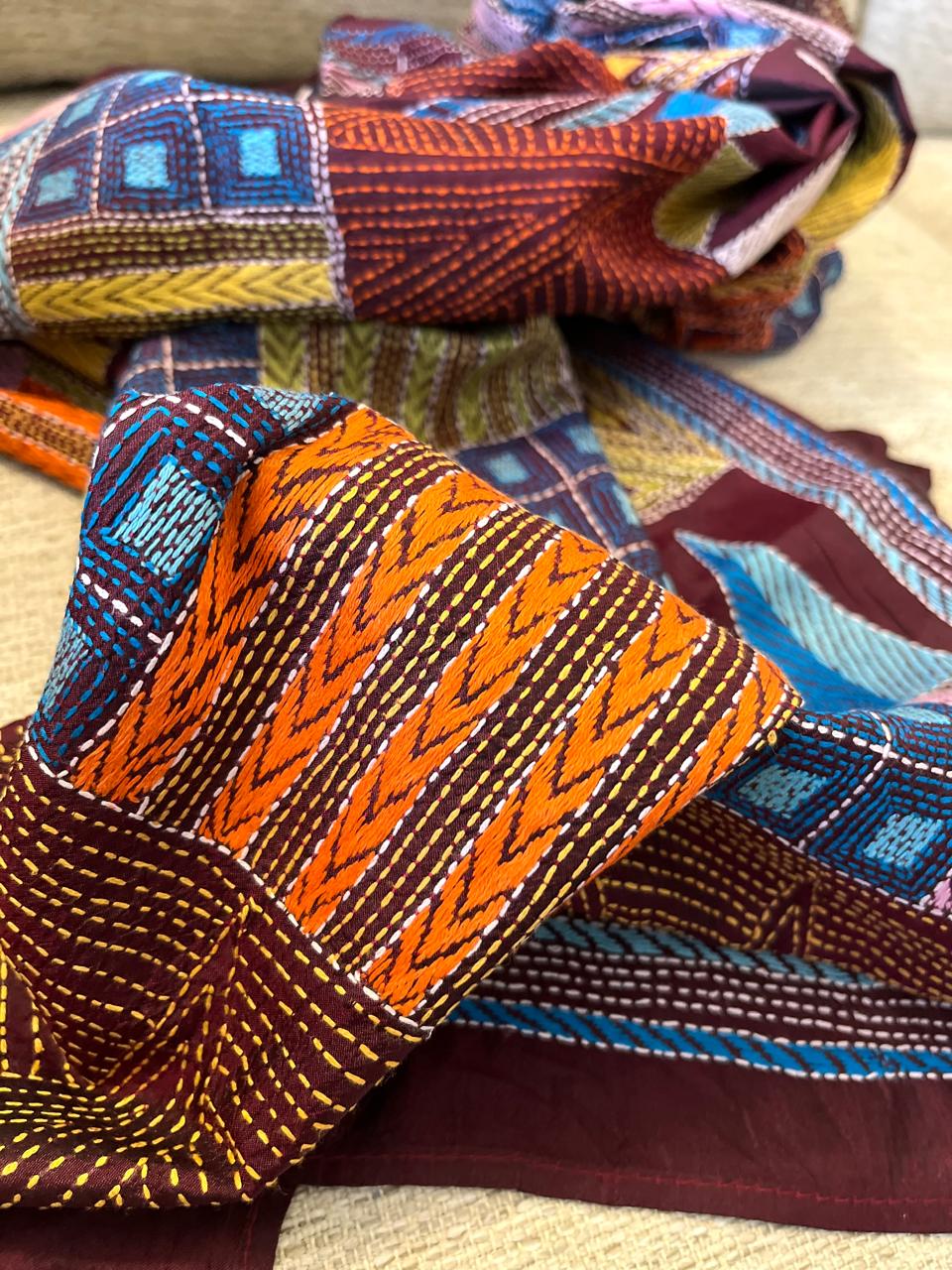 Pure Silk Kantha Hand Embroidered Stole - Geometric Maroon