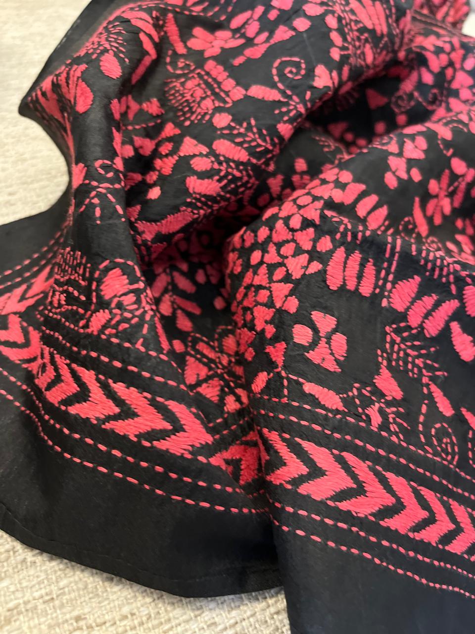 Pure Silk Kantha Hand Embroidered Stole Tribal - Black and Peach