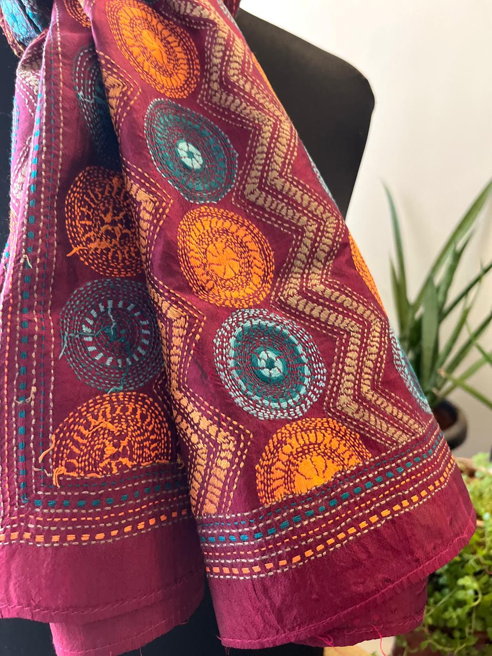 Pure Silk Kantha Hand Embroidered Stole - Floral Maroon