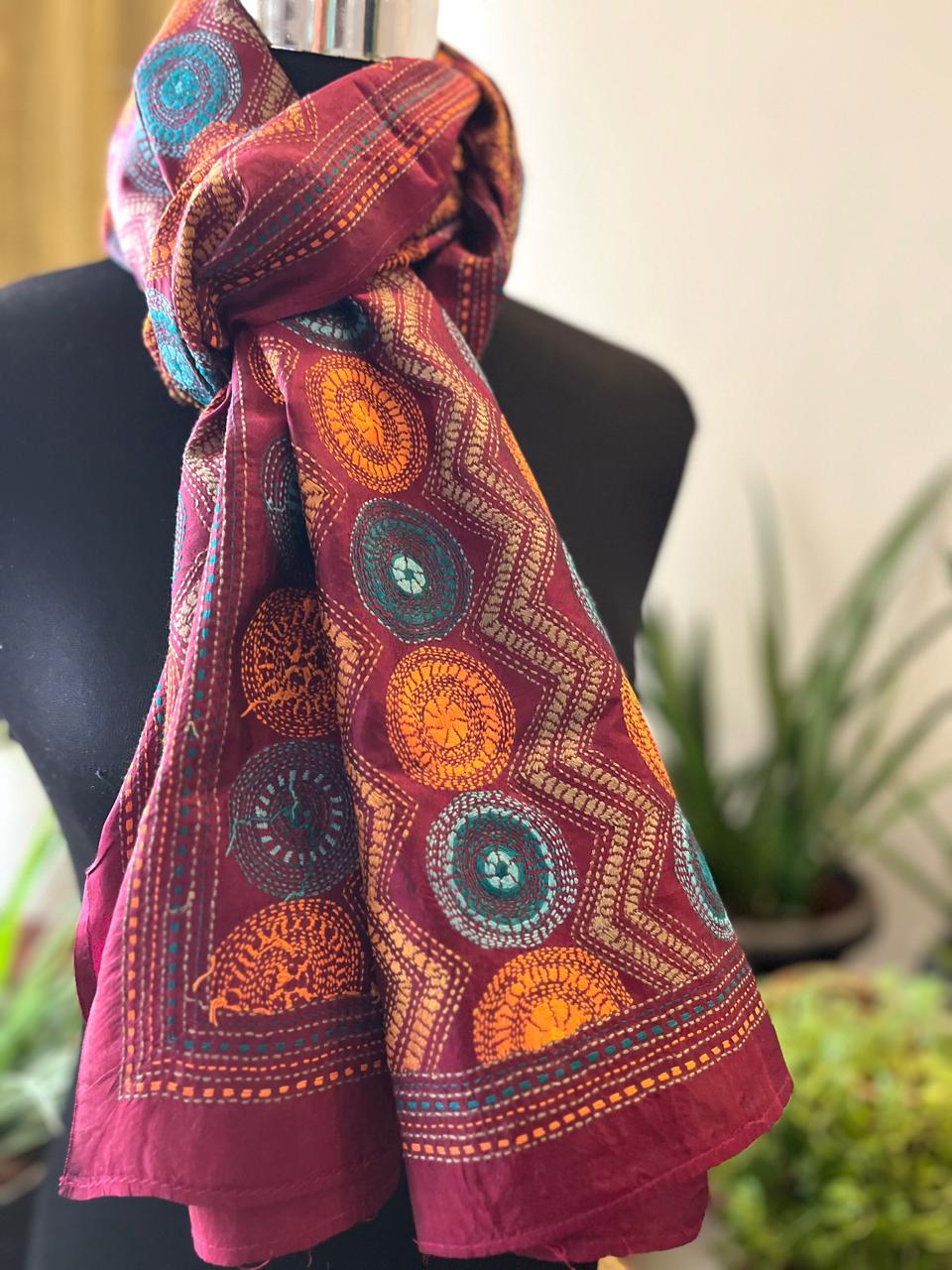Pure Silk Kantha Hand Embroidered Stole - Floral Maroon