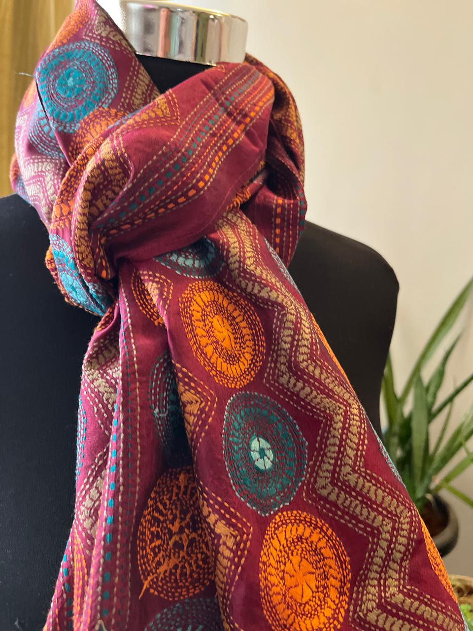 Pure Silk Kantha Hand Embroidered Stole - Floral Maroon