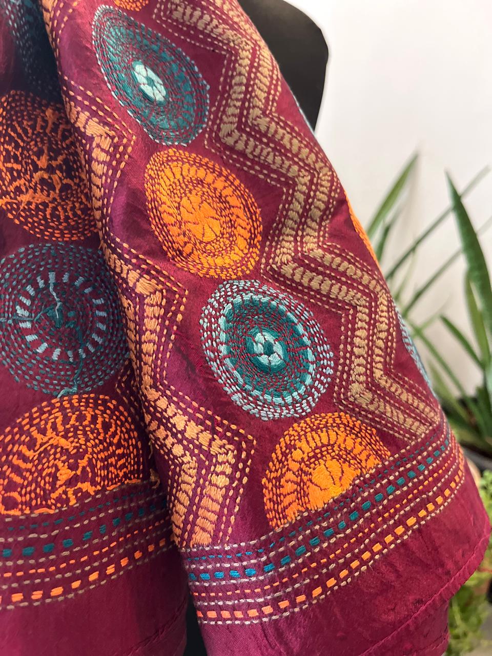 Pure Silk Kantha Hand Embroidered Stole - Floral Maroon