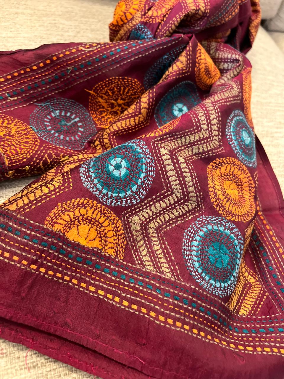 Pure Silk Kantha Hand Embroidered Stole - Floral Maroon