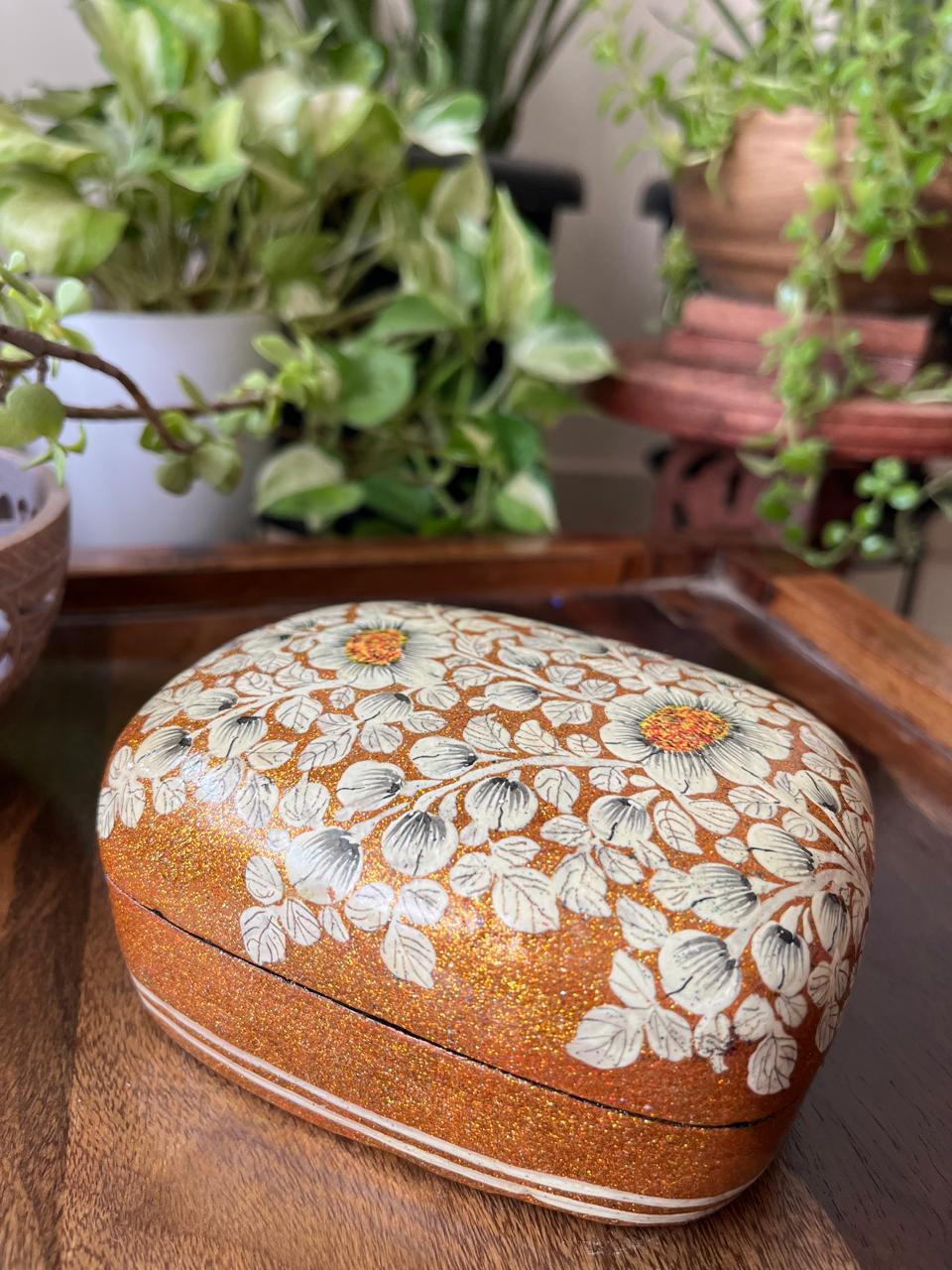 Paper Mache Handpainted Kashmiri Box -Molten Gold