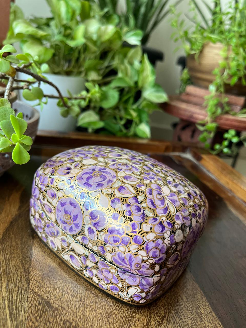 Paper Mache Handpainted Kashmiri Box -Lilac Bloom