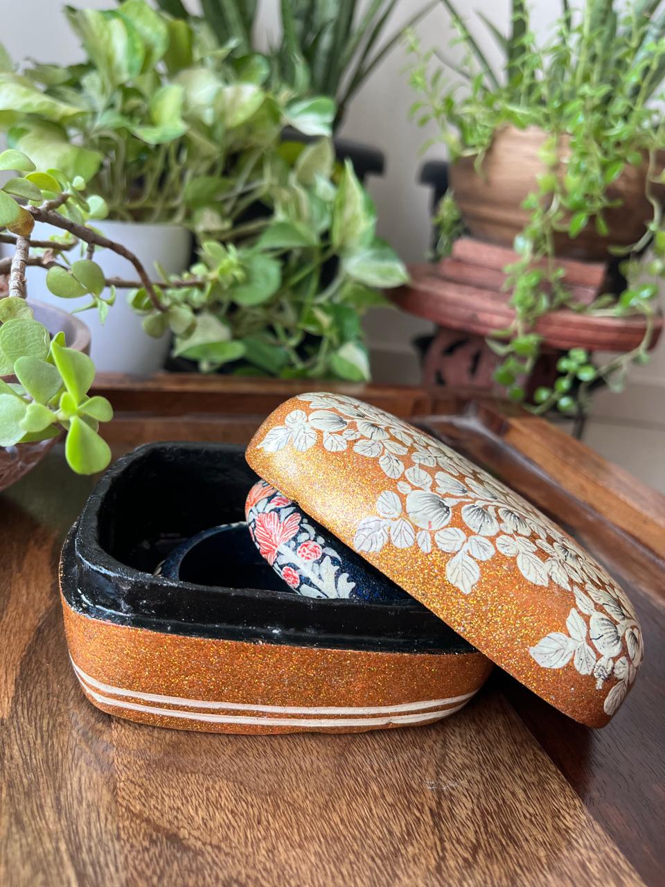 Paper Mache Handpainted Kashmiri Box -Molten Gold