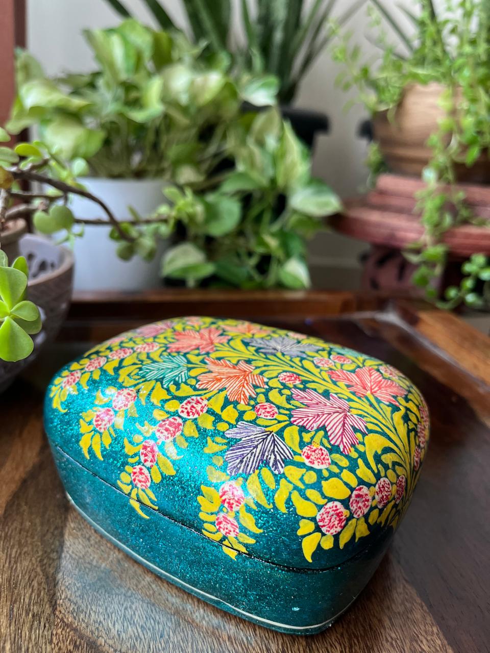Paper Mache Handpainted Kashmiri Box - Lemon Blush Forest