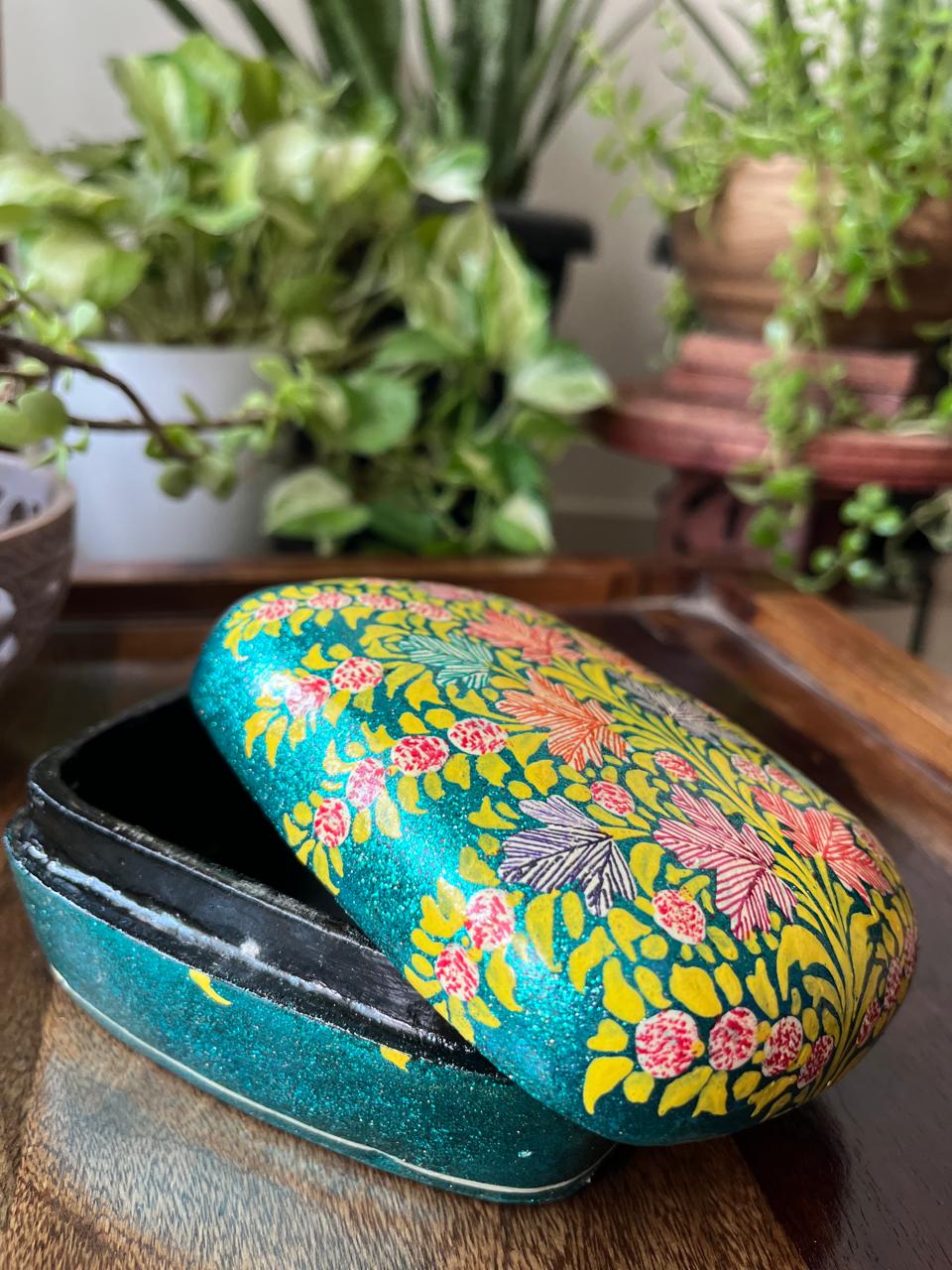 Paper Mache Handpainted Kashmiri Box - Lemon Blush Forest