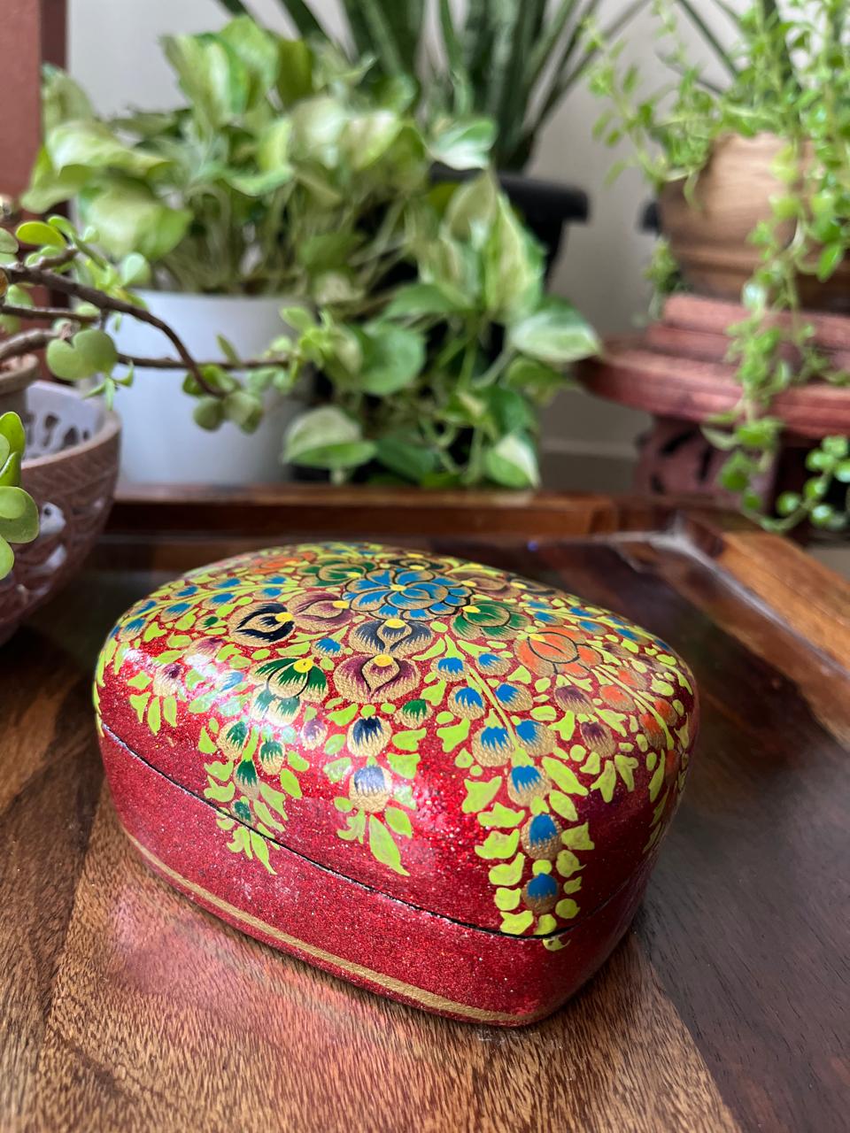 Paper Mache Handpainted Kashmiri Box - Spring on Crimson