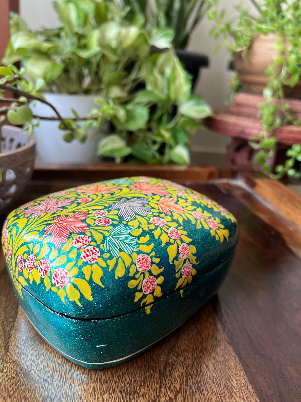 Paper Mache Handpainted Kashmiri Box - Lemon Blush Forest