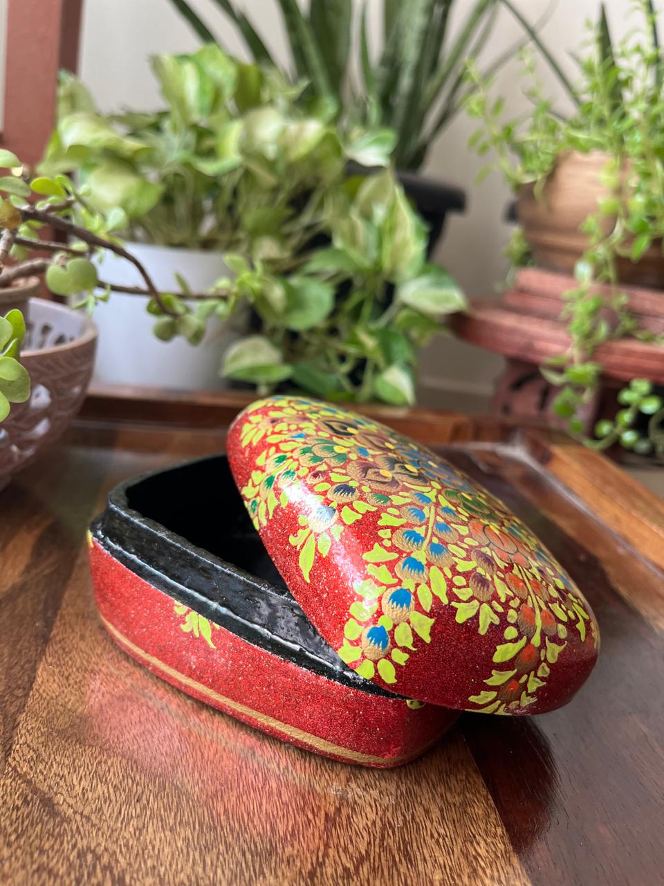 Paper Mache Handpainted Kashmiri Box - Spring on Crimson