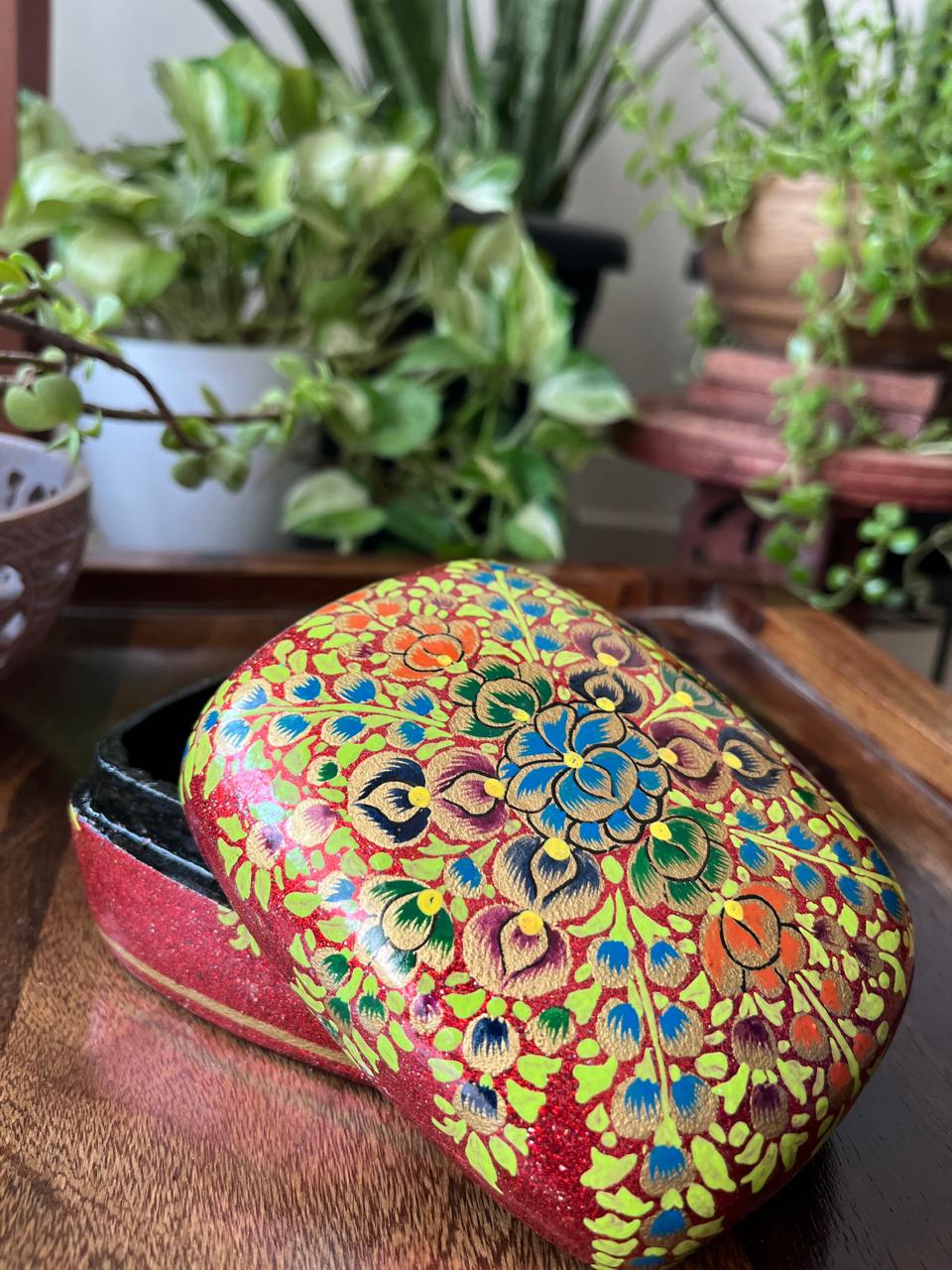Paper Mache Handpainted Kashmiri Box - Spring on Crimson