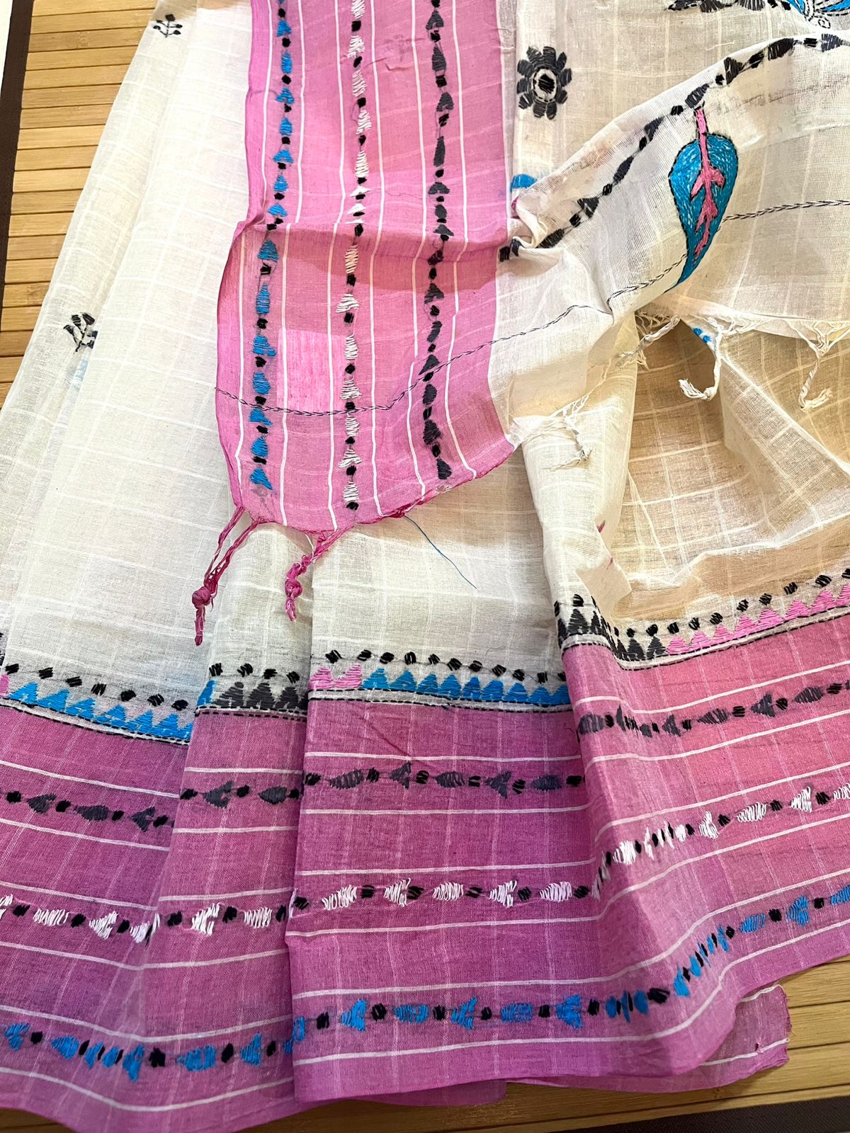 Beautiful Pure Cotton Saree with Hand Embroidered Kantha Work - White