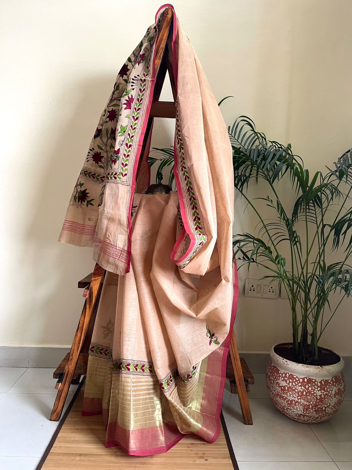 Beautiful Pure Cotton Saree with Hand Embroidered Kantha Work - Beige
