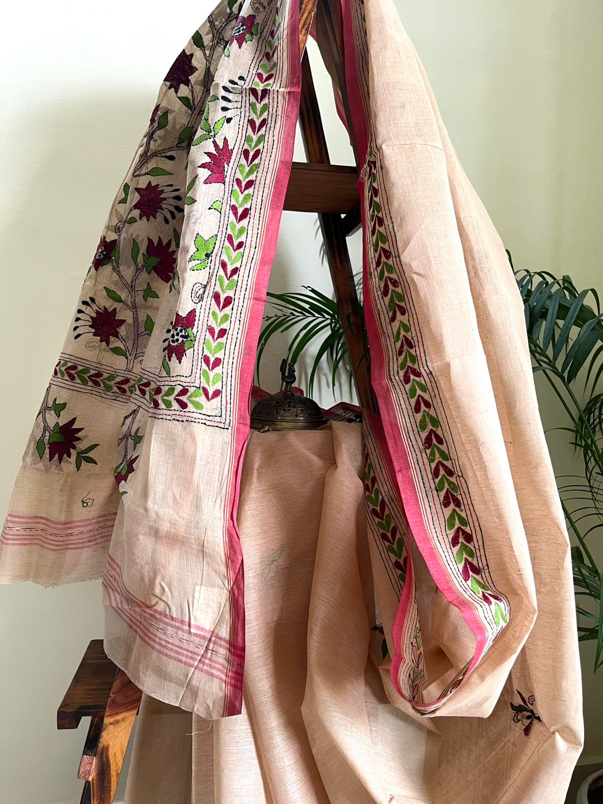 Beautiful Pure Cotton Saree with Hand Embroidered Kantha Work - Beige