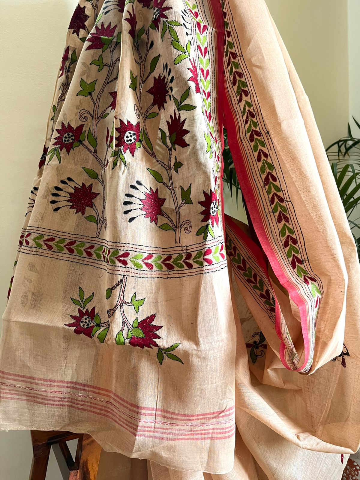 Beautiful Pure Cotton Saree with Hand Embroidered Kantha Work - Beige
