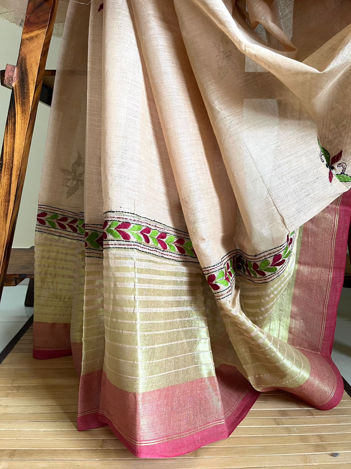 Beautiful Pure Cotton Saree with Hand Embroidered Kantha Work - Beige