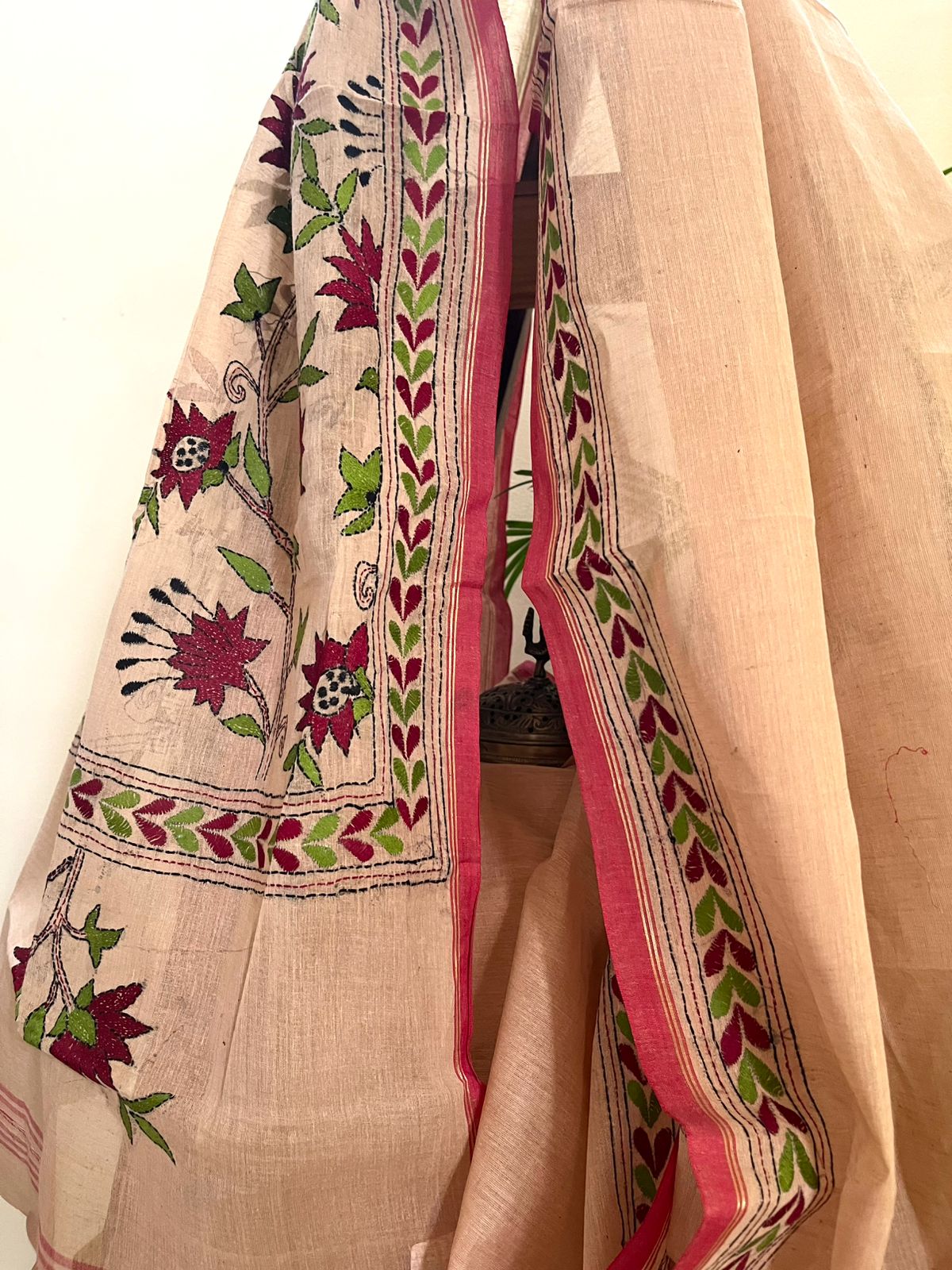 Beautiful Pure Cotton Saree with Hand Embroidered Kantha Work - Beige