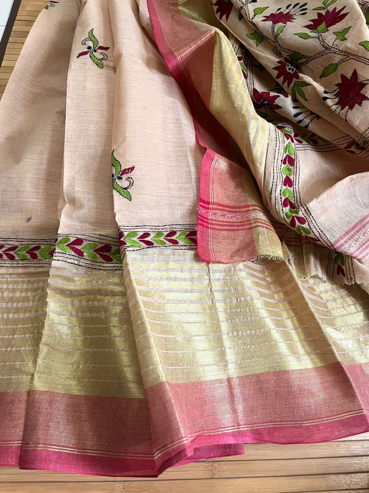 Beautiful Pure Cotton Saree with Hand Embroidered Kantha Work - Beige