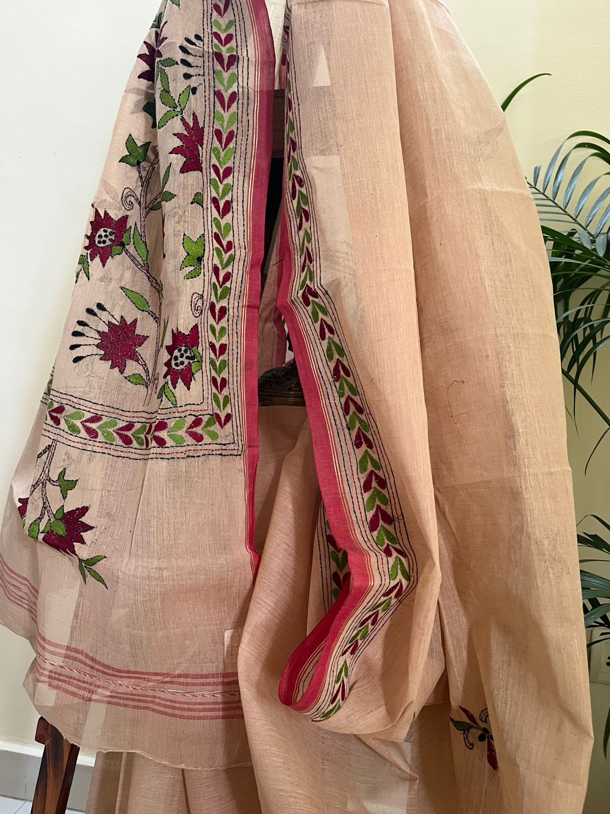 Beautiful Pure Cotton Saree with Hand Embroidered Kantha Work - Beige