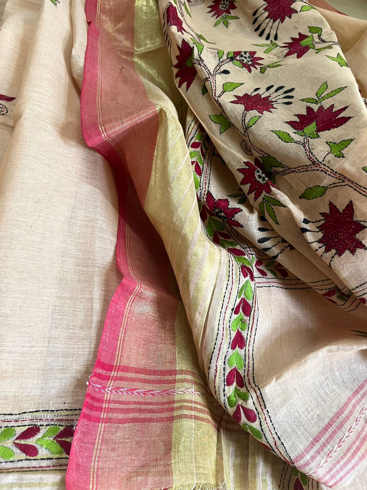Beautiful Pure Cotton Saree with Hand Embroidered Kantha Work - Beige
