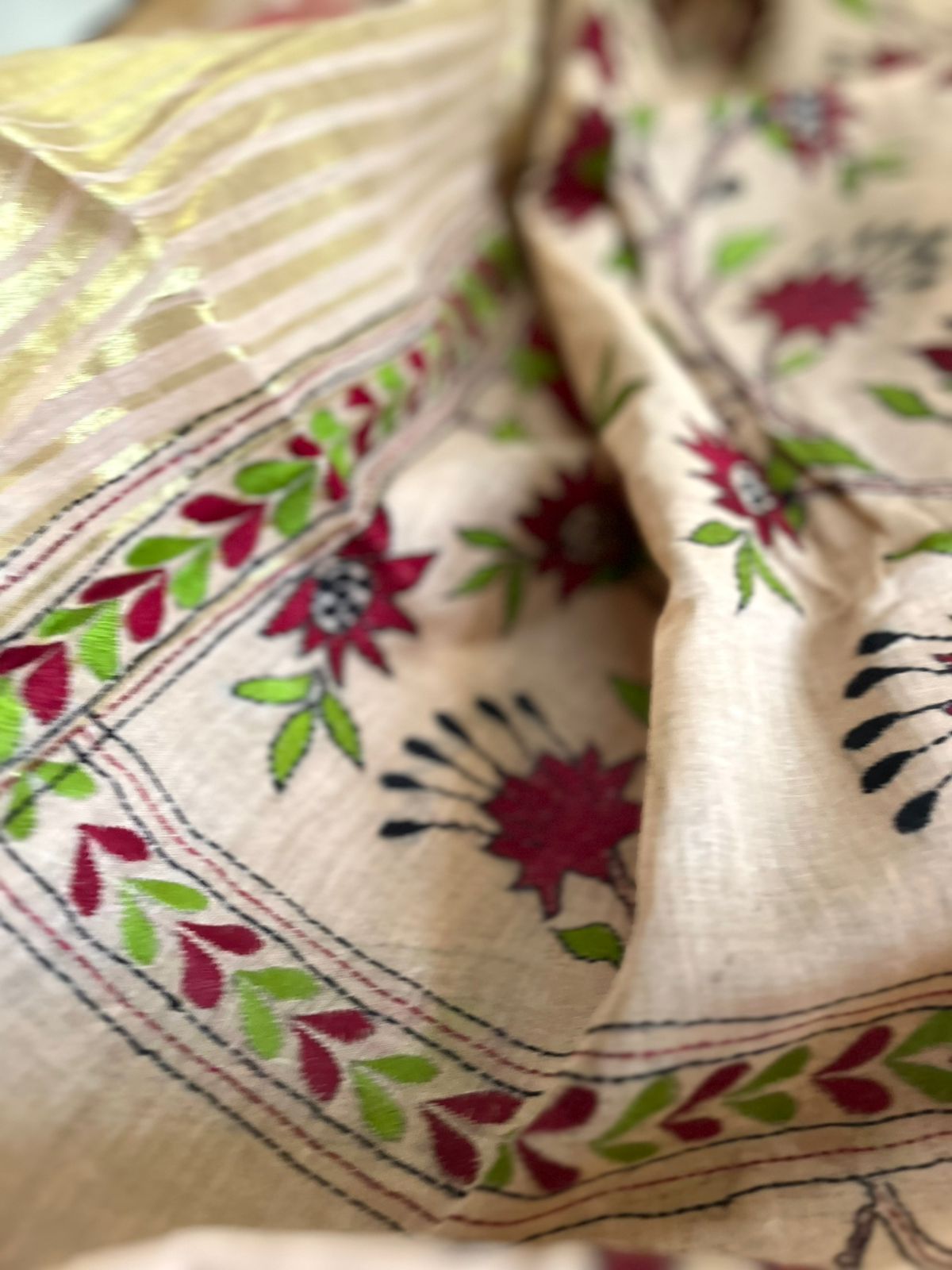 Beautiful Pure Cotton Saree with Hand Embroidered Kantha Work - Beige