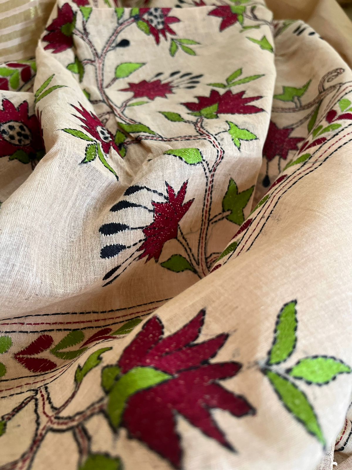 Beautiful Pure Cotton Saree with Hand Embroidered Kantha Work - Beige