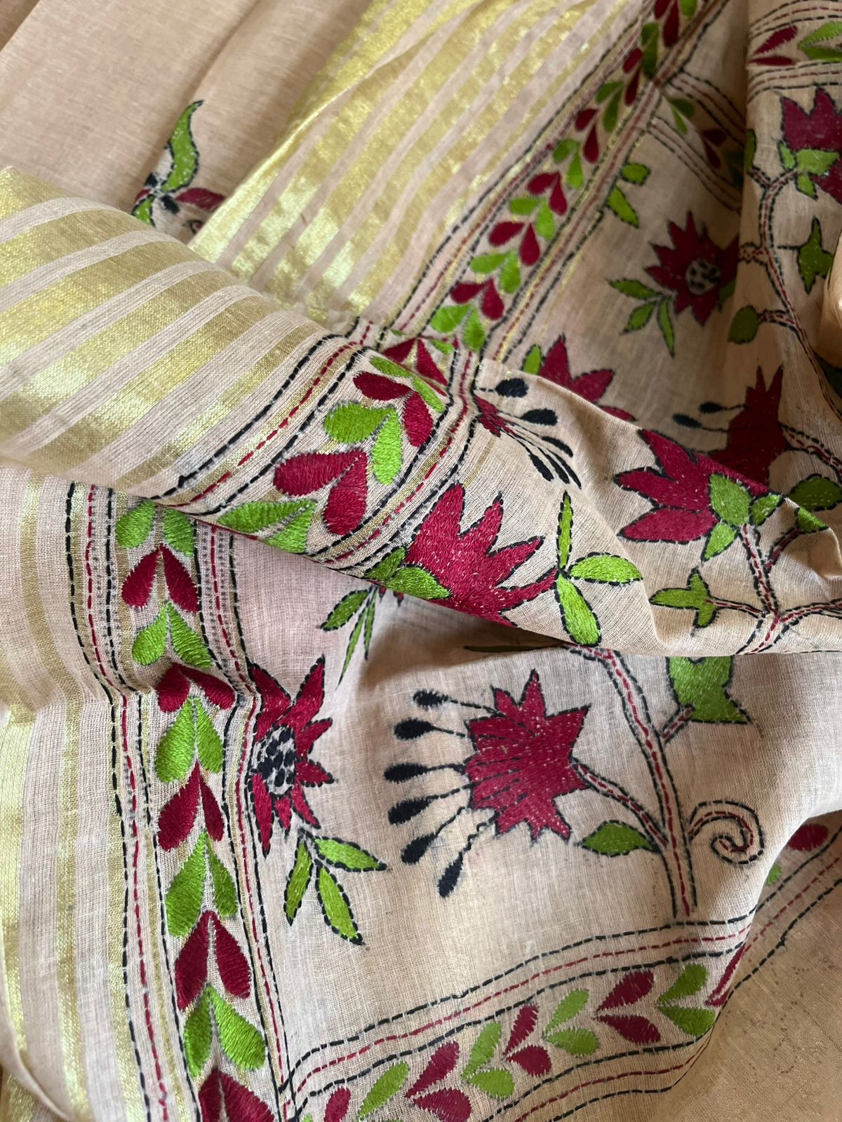 Beautiful Pure Cotton Saree with Hand Embroidered Kantha Work - Beige