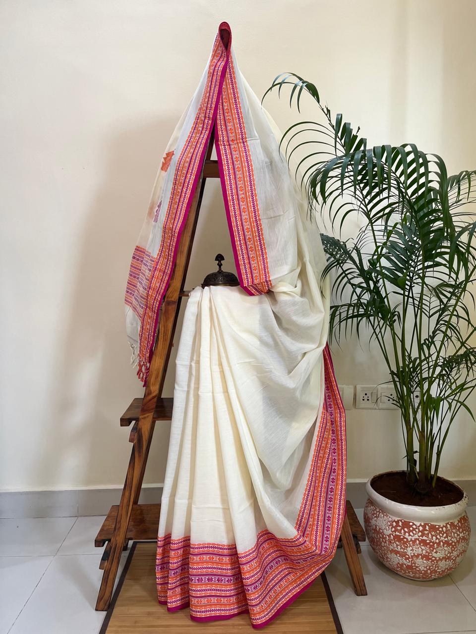 Beautiful Pure Cotton Saree with Hand Embroidered Kantha Work - White