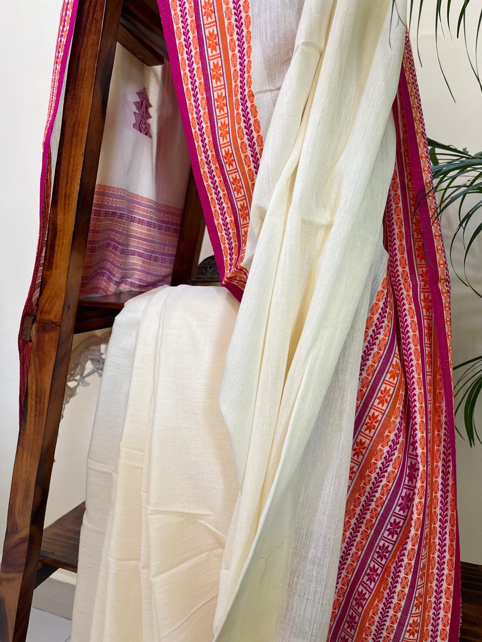 Beautiful Pure Cotton Saree with Hand Embroidered Kantha Work - White