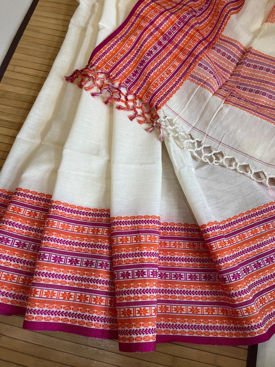 Beautiful Pure Cotton Saree with Hand Embroidered Kantha Work - White