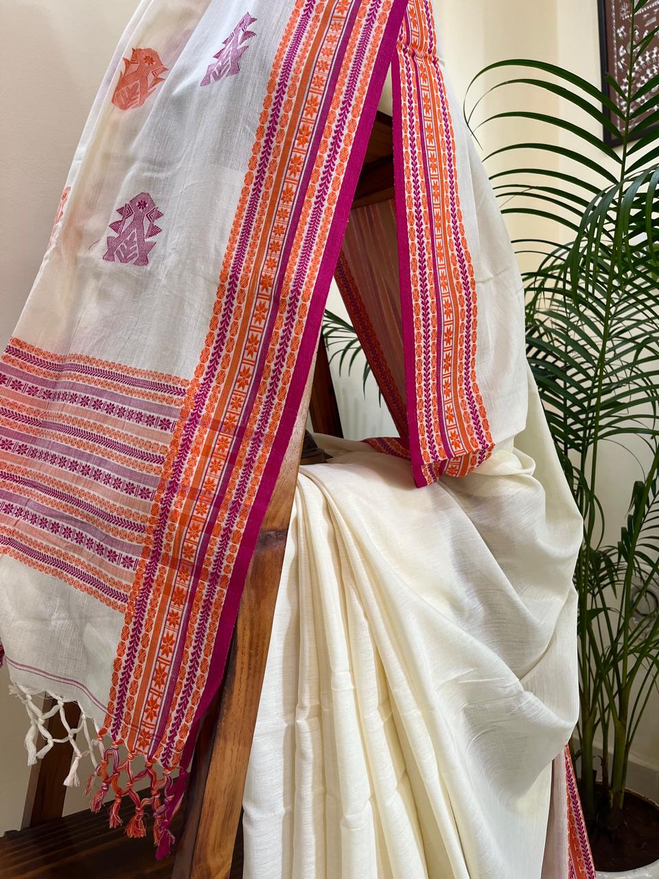 Beautiful Pure Cotton Saree with Hand Embroidered Kantha Work - White