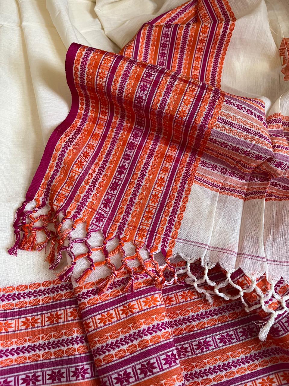 Beautiful Pure Cotton Saree with Hand Embroidered Kantha Work - White