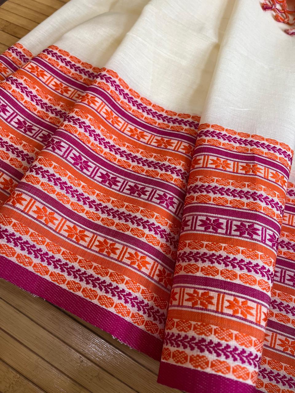 Beautiful Pure Cotton Saree with Hand Embroidered Kantha Work - White