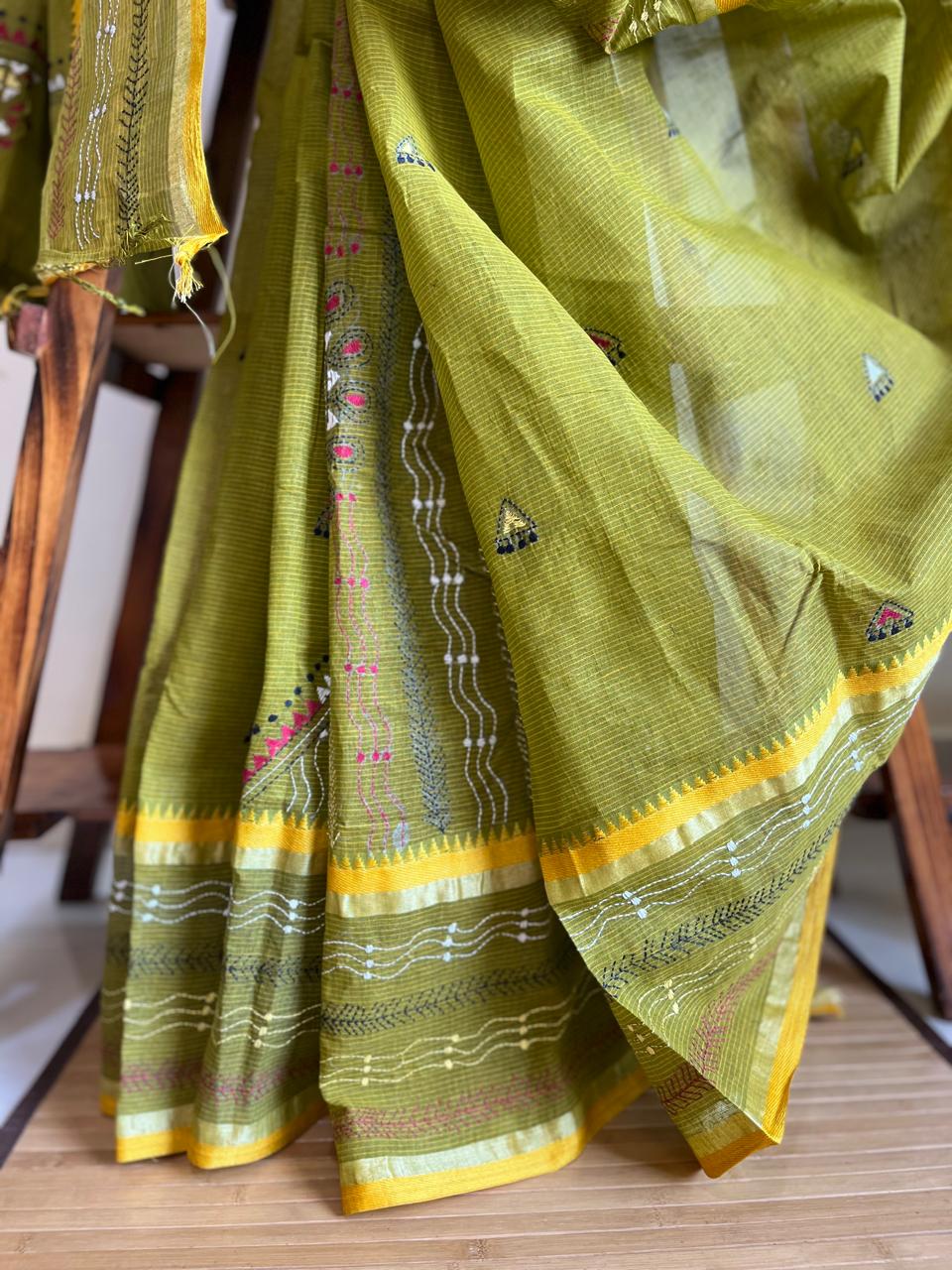 Beautiful Pure Cotton Saree with Hand Embroidered Kantha Work - Green